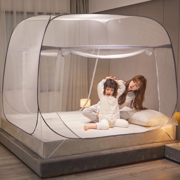 Free Standing Mosquito Net Double Bed Square Curtain with One-Touch Foldable Design, Dual Zipper Doors