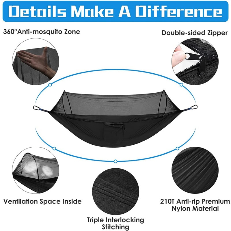 Pop-Up Camping Hammock with Mosquito Net: Portable Outdoor Anti-Rip Nylon Swing Hammock Chair for Comfortable Camping - Image 4