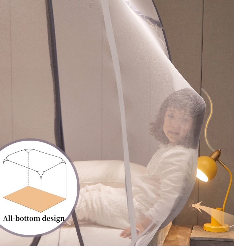 Free Standing Mosquito Net Double Bed Square Curtain with One-Touch Foldable Design, Dual Zipper Doors