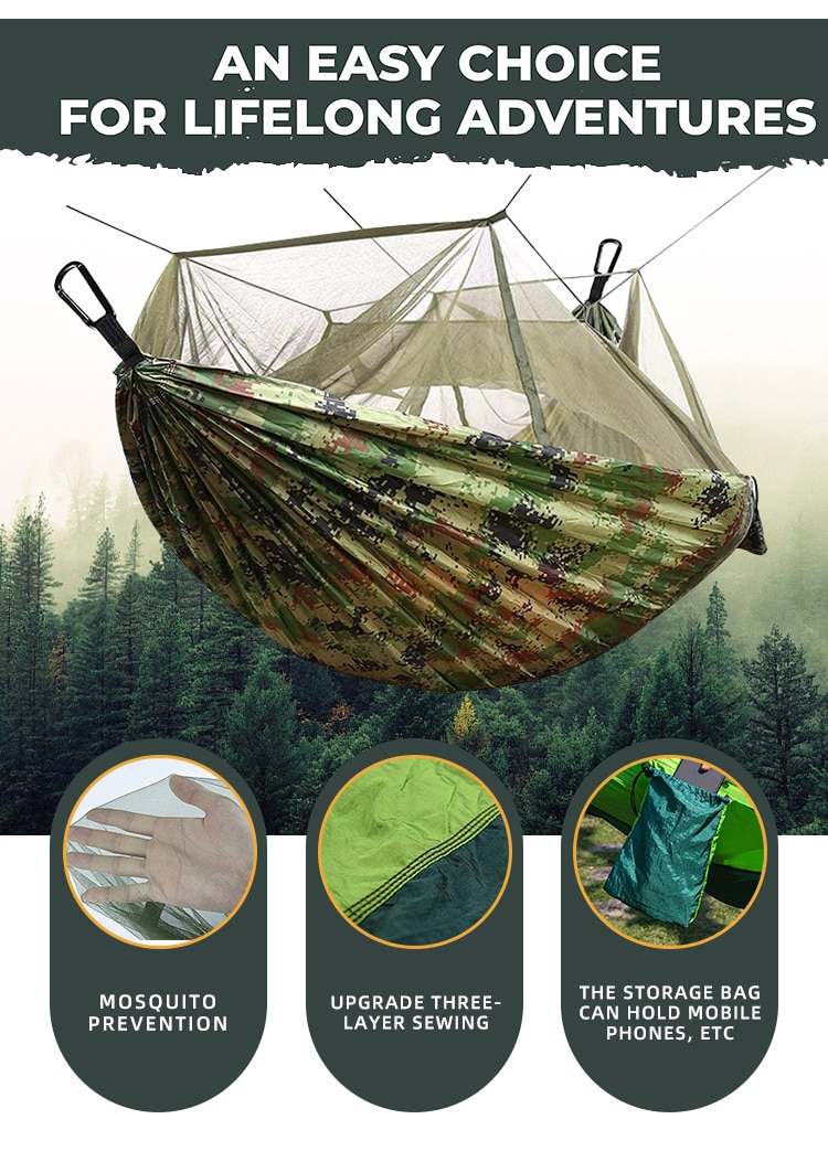 Double Camping Hammock with Mosquito Net 260x140cm Travel Sleeping Bed Swing with Tree Straps for Ultimate Outdoor Comfort