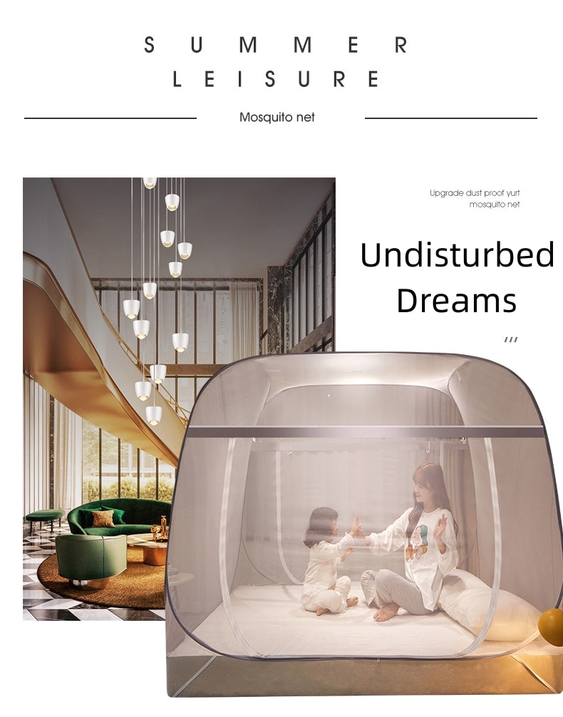 Free Standing Mosquito Net Double Bed Square Curtain with One-Touch Foldable Design, Dual Zipper Doors