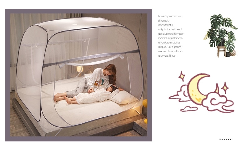 Free Standing Mosquito Net Double Bed Square Curtain with One-Touch Foldable Design, Dual Zipper Doors
