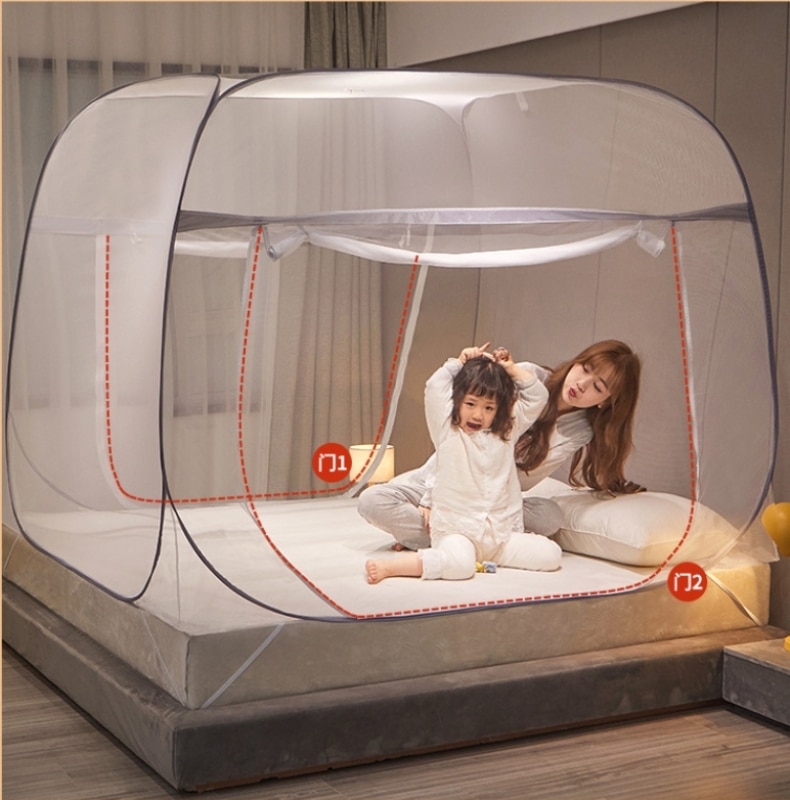 Free Standing Mosquito Net Double Bed Square Curtain with One-Touch Foldable Design, Dual Zipper Doors