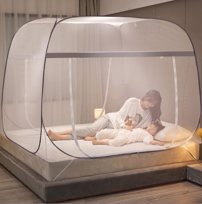 Free Standing Mosquito Net Double Bed Square Curtain with One-Touch Foldable Design, Dual Zipper Doors