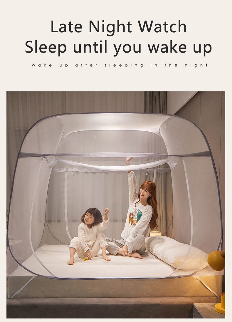 Free Standing Mosquito Net Double Bed Square Curtain with One-Touch Foldable Design, Dual Zipper Doors