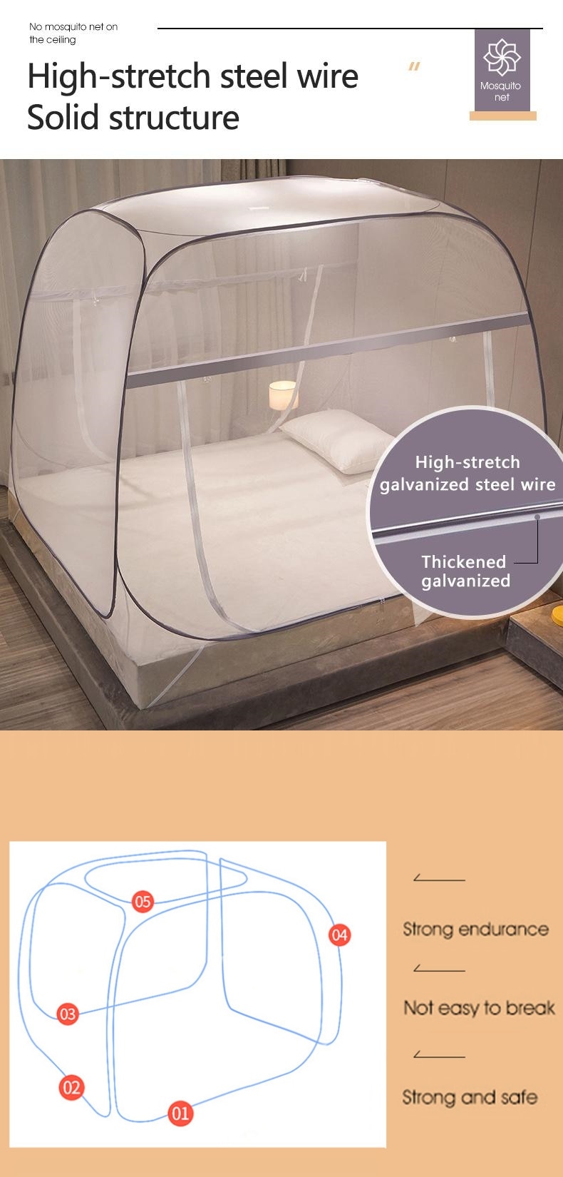 Free Standing Mosquito Net Double Bed Square Curtain with One-Touch Foldable Design, Dual Zipper Doors