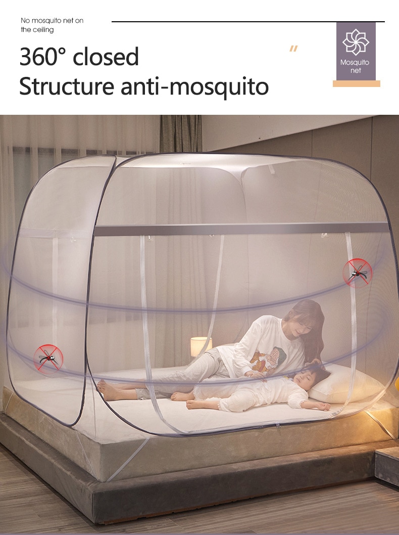 Free Standing Mosquito Net Double Bed Square Curtain with One-Touch Foldable Design, Dual Zipper Doors