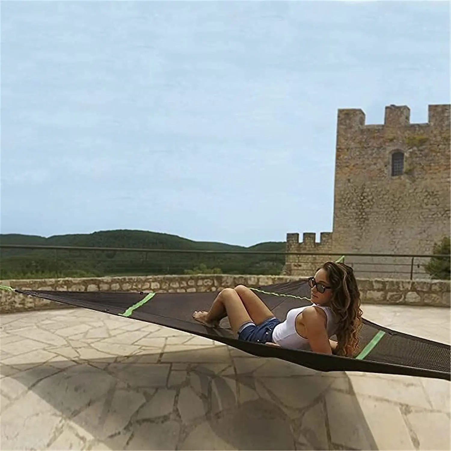 Convenient Outdoor Camping Sleep Hammock - Portable Hanging Bed for Multi Person Aerial Relaxation - 4Mx4Mx4M Triangle Hammock for Ultimate Portability